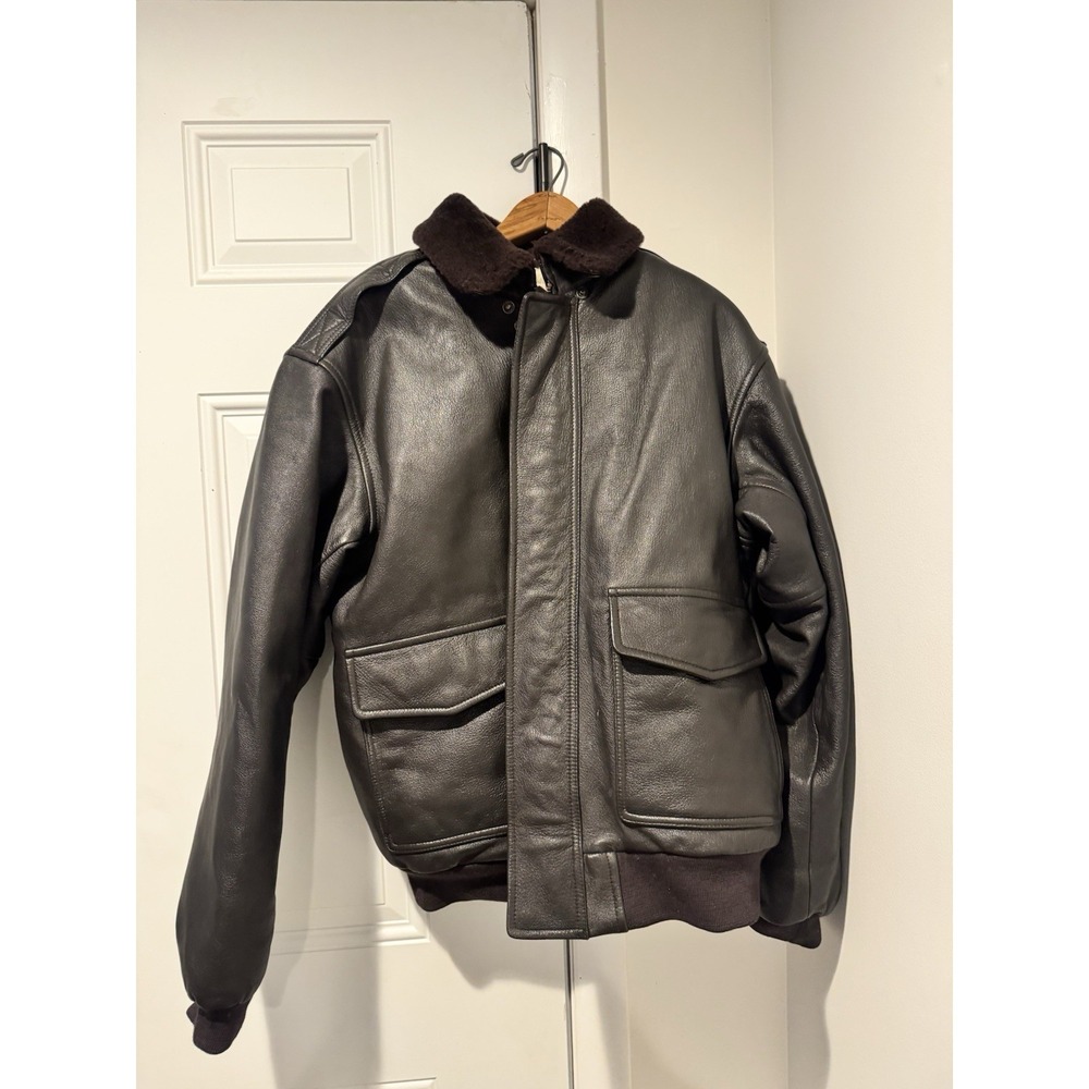 Vintage LL Bean Goat Skin Leather Bomber Jacket Mens L Black Sherpa Lined